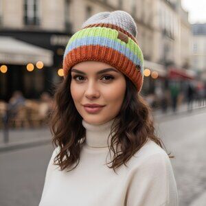 Janice Lady' Beanie Cap Colorblock knit ribbed brim hat buttons embellished Gray